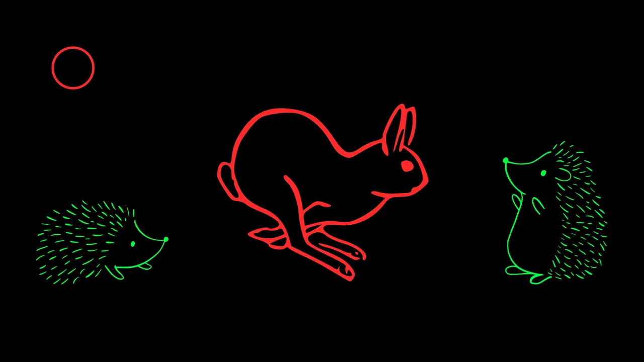 Illustration im Markenstil: ein roter Hase in vollem Lauf zwischen zwei grünen Igeln, links und rechts je einer