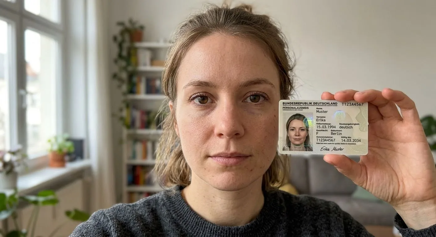 Junge Frau hält einen Personalausweis 'Erika Muster' in die Kamera — vollständig KI-generiert